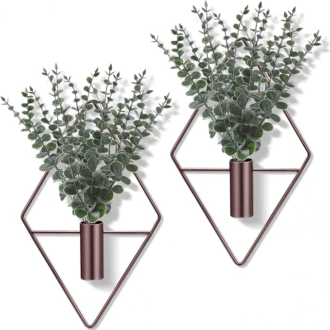 2-Piece Black Geometric Wall Planters with Artificial Eucalyptus