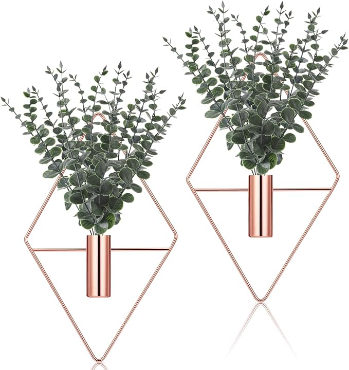 2-Piece Black Geometric Wall Planters with Artificial Eucalyptus