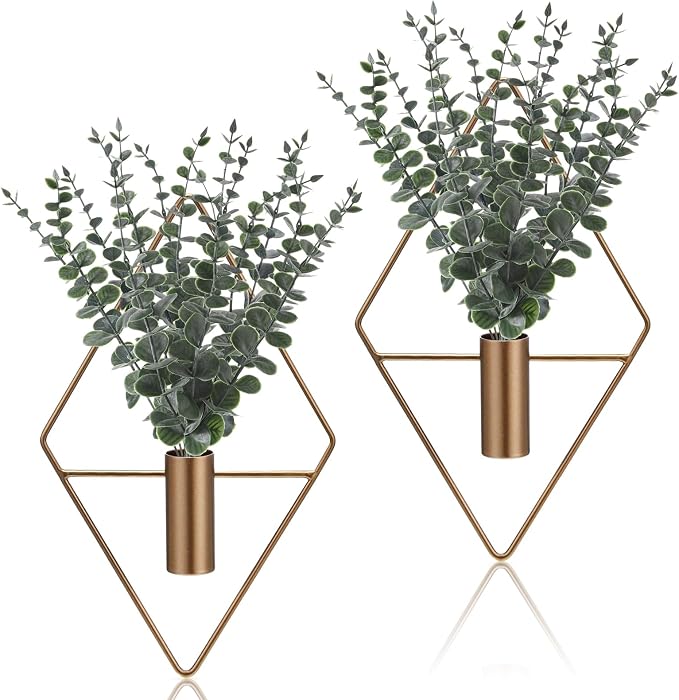 2-Piece Black Geometric Wall Planters with Artificial Eucalyptus