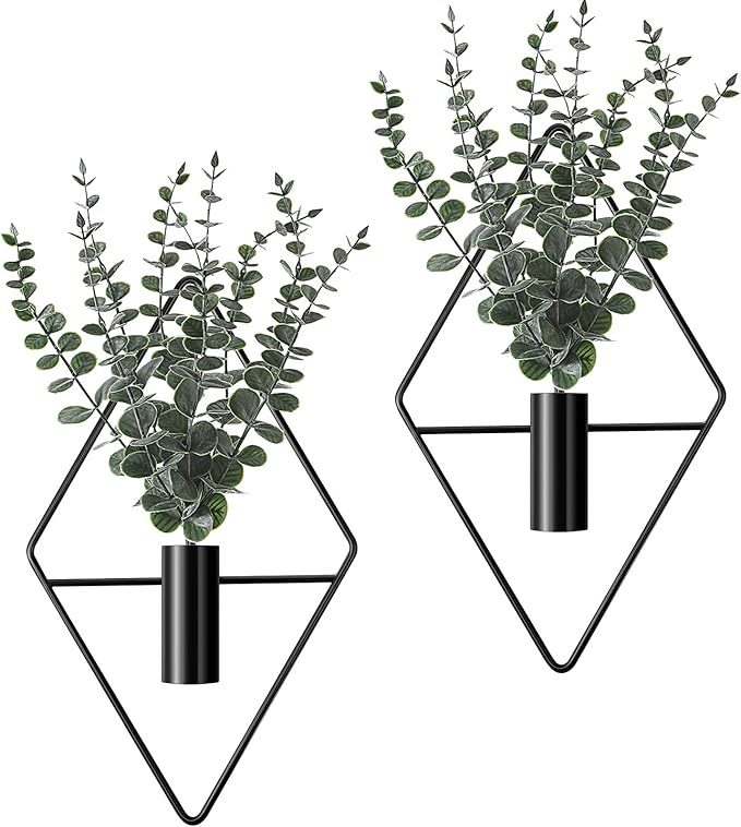 2-Piece Black Geometric Wall Planters with Artificial Eucalyptus