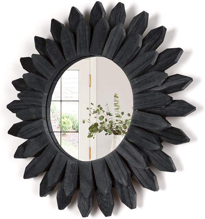 12-Inch Rustic Sunburst Wood Wall Mirror – Carbonized Black