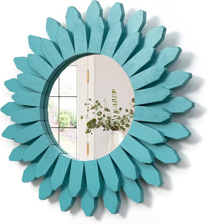 12-Inch Rustic Sunburst Wood Wall Mirror – Carbonized Black