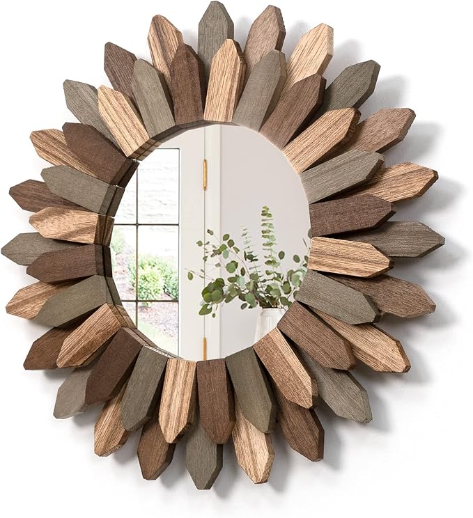 12-Inch Rustic Sunburst Wood Wall Mirror – Carbonized Black