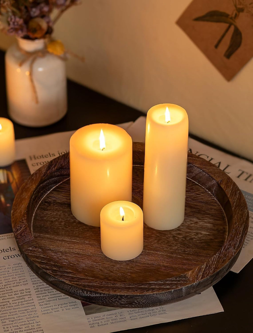 Auriina Round Wooden Candle Holder Tray – Distressed Finish