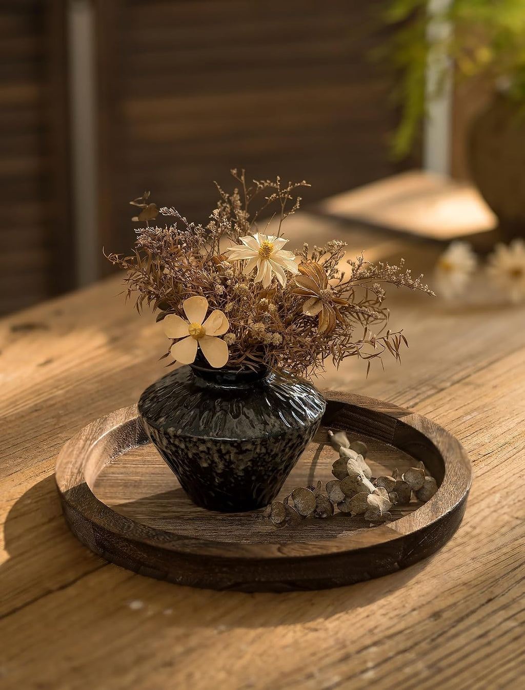 Auriina Round Wooden Candle Holder Tray – Distressed Finish