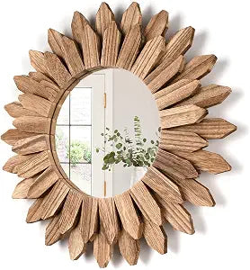 12-Inch Rustic Sunburst Wood Wall Mirror – Carbonized Black
